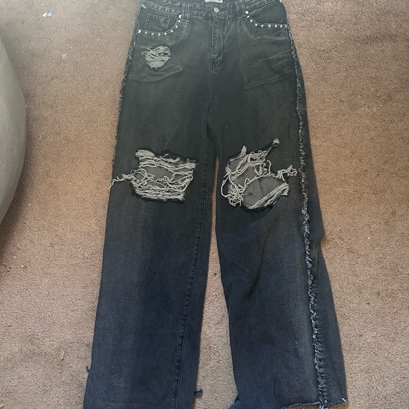 human form black distressed denim